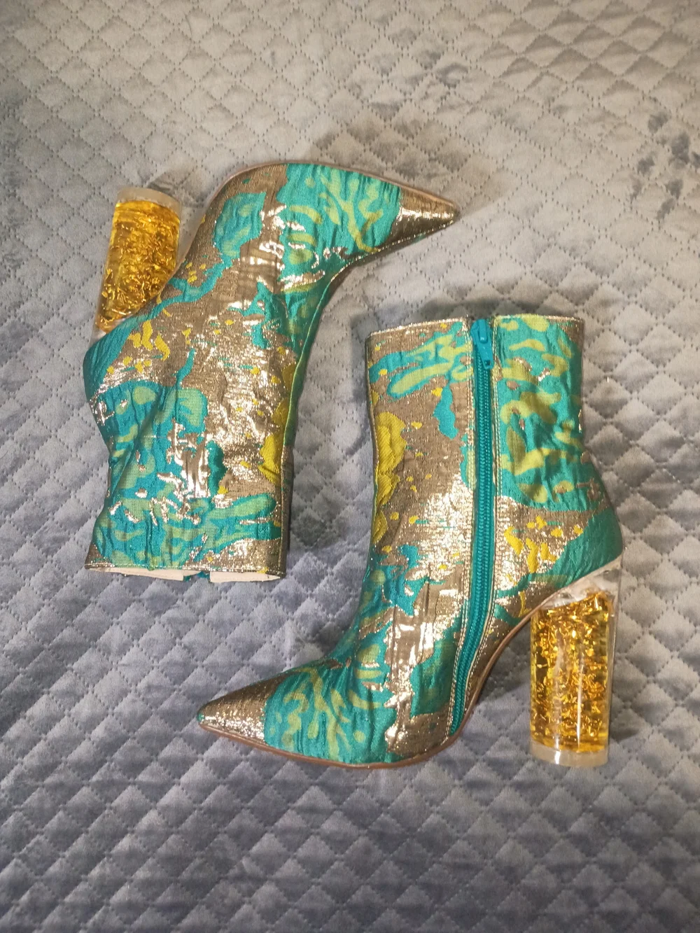 RAYE Teal and Gold Metallic Sculpted Block-Heel Ankle Boots